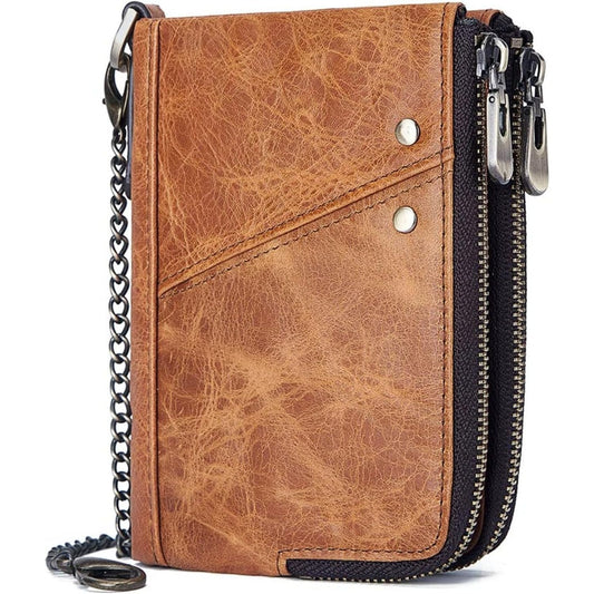 ZYLOXAR Genuine Leather Wallet for Men RFID Blocking Cowhide Vintage Chain Bifold Double Zipper Snap Closure Slim Large Capacity 12 Card Slots (Yellow)