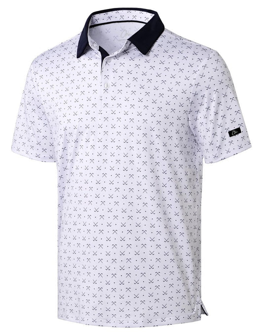 Obla Mens Golf Polo Shirts Short Sleeve Dry Fit Performance Moisture Wicking Casual Print Collared Golf Shirts for Men(White Golf Clubs_XXXL)