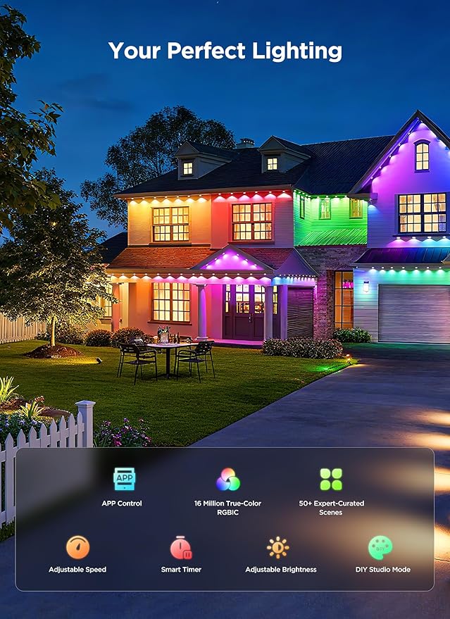 SmartDawn-Permanent-Outdoor-Lights, 100FT 64 Bulbs RGBIC LED Outdoor String Lights, DIY Scene Mode, IP68 Waterproof Christmas Lights for Daily Decor, House Roof, Holiday Decorations, Outside