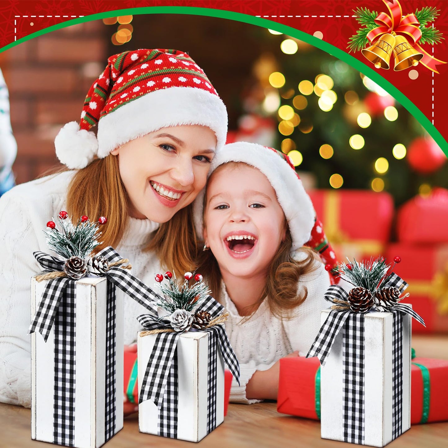 Amyhill 3 Pcs Christmas Wooden Gifts Box Decor Christmas Plaid Presents Table Centerpieces Rustic Wooden Gifts Tiered Tray Decor with Buffalo Plaid Bowknot for Xmas Party (White,Fashion)