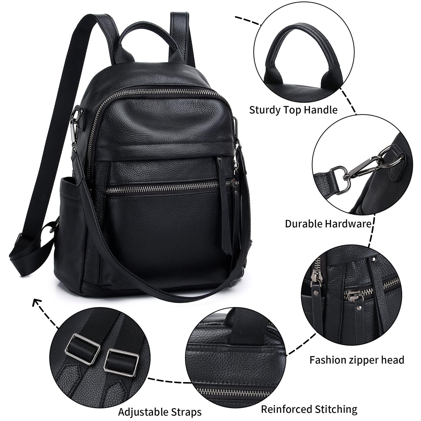 Wesccimo Genuine Leather Backpack Purse For Women Black Real Soft Leather Convertible Ladies Daypack Shoulder Bag