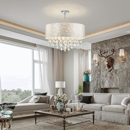 6-Lights Drum Capiz Shell Crystal Chandeliers, Coastal Style Pendant Light Fixture for Dining Room, Living Room, D24 x H23~71 inch(Adjustable), Shell Lampshade & Chrome Finish