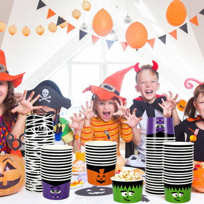 AnyDesign Halloween Treat Cups 100 Pcs 6.5 oz Disposable Paper Bowls in 4 Styles Pumpkin Mummy Vampire Monster Funny Character Soup Cups for Hot Cold Drinks Party Supplies