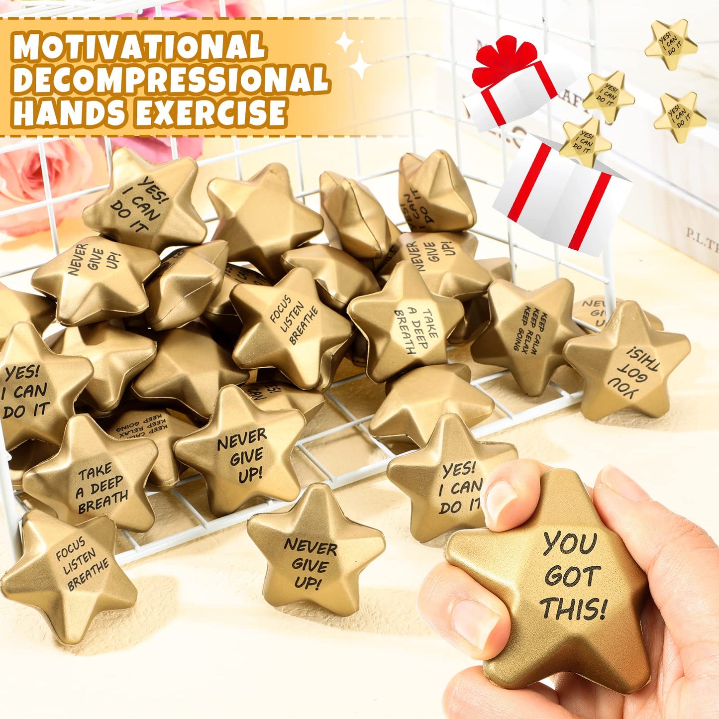 Deekin 36 Pieces Star Stress Balls Mini Foam Ball Stress Relief Squeeze Toys Mini for Kids Teens and Student Adults Gifts Bag Fillers at Work School Home(Motivational,1.6 Inch)