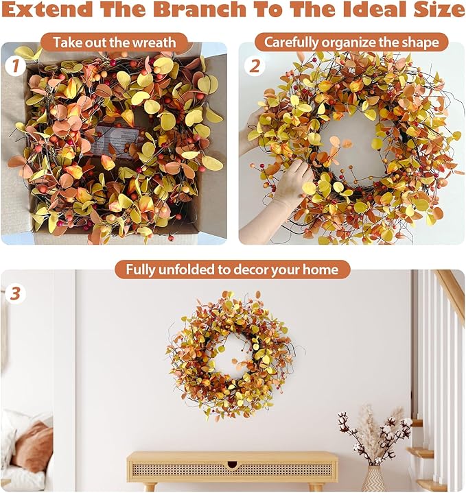 24 Inch Fall Wreath for Front Door Berry Autumn Wreath with Yellow and Orange Leaves, Large Grapevine Wreaths for Fall Door Decor Farmhouse Wall Window Home Decoration