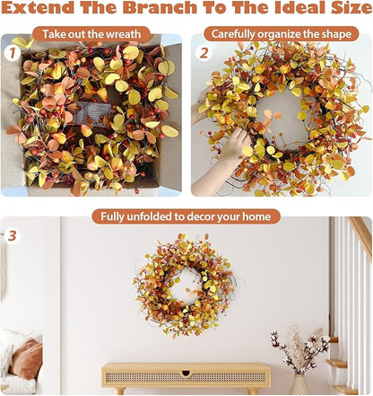 24 Inch Fall Wreath for Front Door Berry Autumn Wreath with Yellow and Orange Leaves, Large Grapevine Wreaths for Fall Door Decor Farmhouse Wall Window Home Decoration