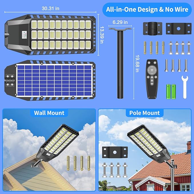 9000W Solar Street Lights Outdoor Waterproof, Commercial Grade 480000 Lumens Dusk to Dawn Solar Flood Light Motion Sensor, LED Solar Lights Outdoor with Remote Control for Parking Lot, Backyard