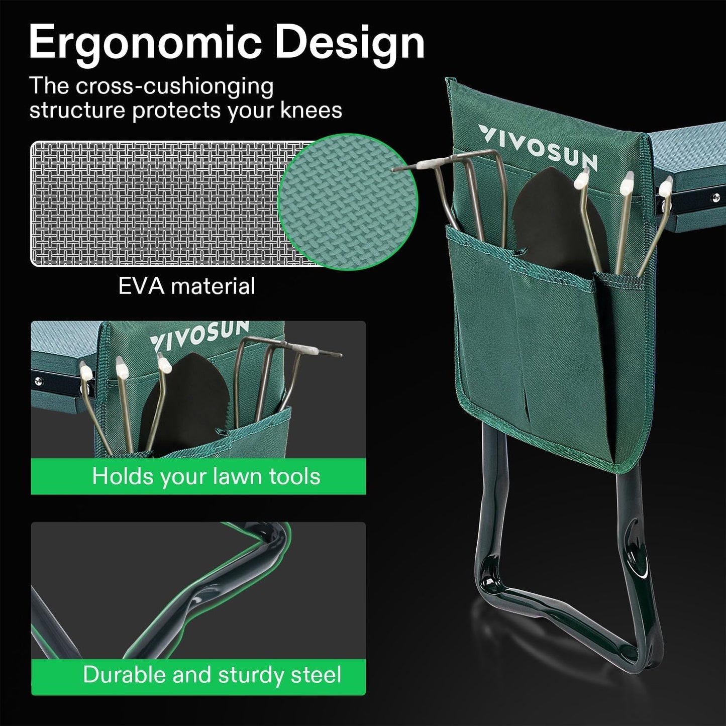 VIVOSUN Garden Kneeler and Seat, Foldable Gardening Stool, Garden Kneeling Bench with Handles, EVA Foam Pad & 2 Tool Bags, Portable Garden Tools for Women Men Seniors, 2-in-1 Outdoor Garden Supplies