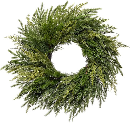 Somikis 24 Inch Christmas Wreaths for Front Door, Real Touch Norfolk Pine & Cedar Wreath for Winter Indoor & Outdoor Porch Windows Wall, Realistic Artificial Wreath Home Decor