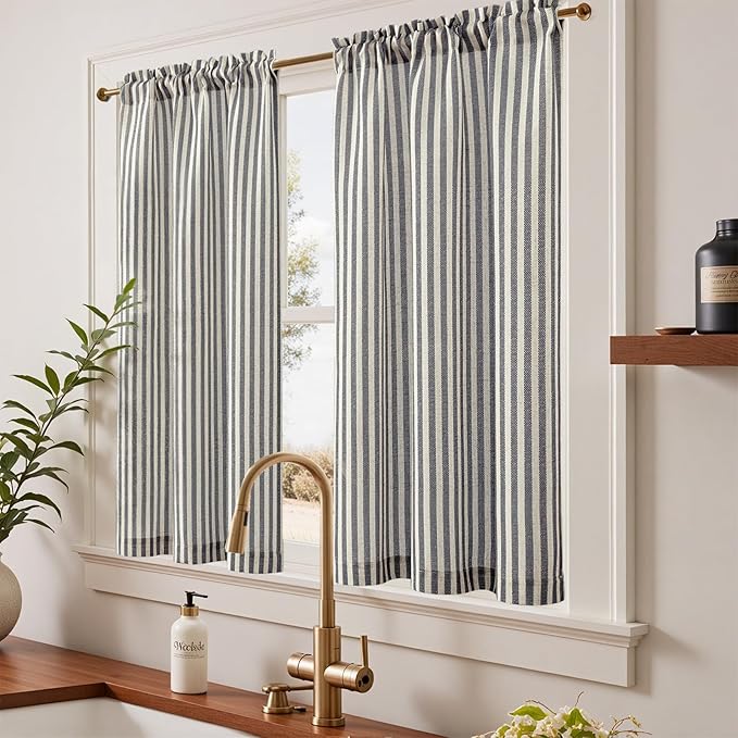 jinchan Striped Linen Kitchen Curtains 45 Inches Tier Curtains Farmhouse Modern Cafe Style Small Window Treatments Airy Light Filtering Rod Pocket for Living Room Bathroom 2 Panels Charcoal Grey