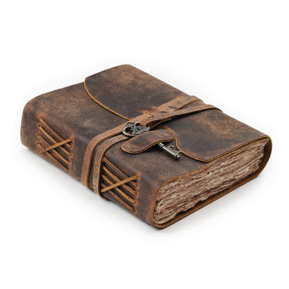 LEATHER VILLAGE Vintage Leather Journal – 200 Handmade Vintage Deckle Edge Paper – Leather bound Journal For Women Men – Vintage Key Closure - Book of Shadows - Cappuccino Brown - 6X4 inches (A6)