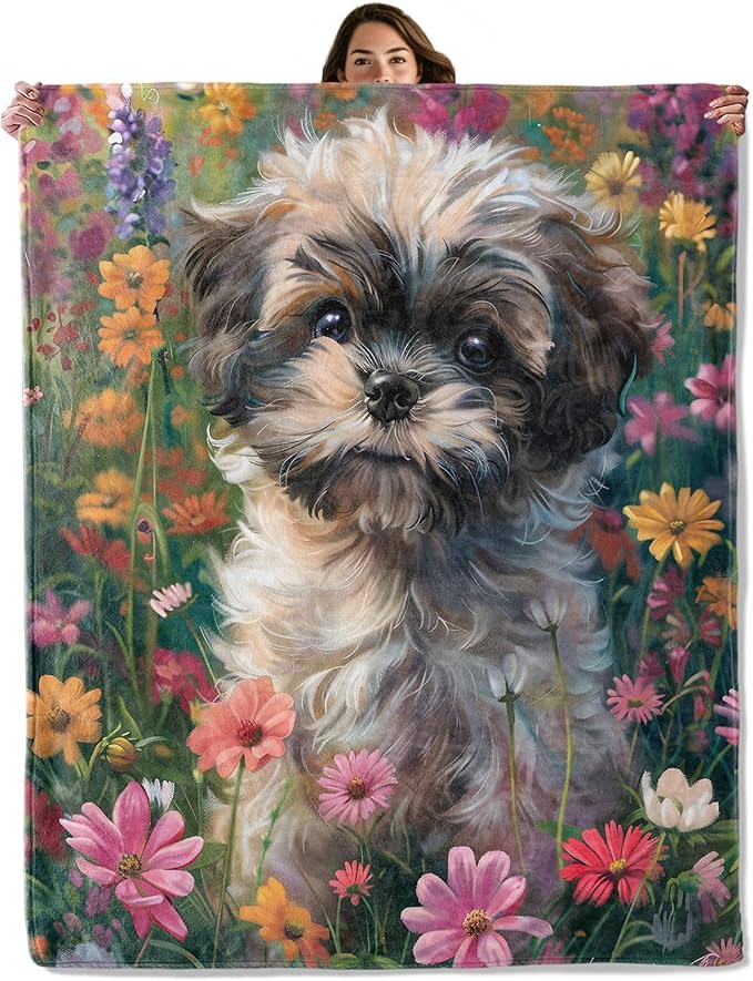 Shih Tzu Flower Throw Blanket for Boys Girls Kids Adults Women, Fuzzy Warm Soft Cozy Flannel Blankets Gifts for Bedroom, Couch, Travel, Home Decor 60x80 in