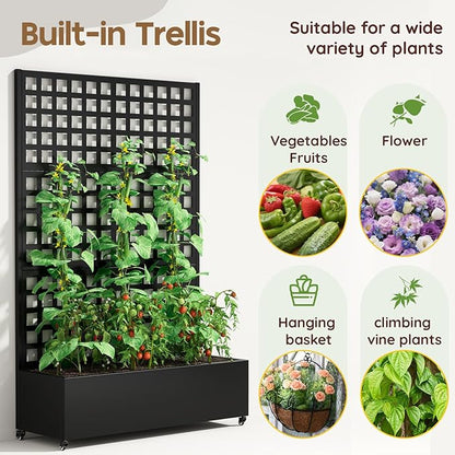 Metal Raised Garden Bed with Trellis & Wheels,72" x 47"x 15.7" Planter Box with Trellis,Privacy Planters for Patio,Garden Bed for Climbing Plants,Suitable for Climbing Plants and Vegetables,Black
