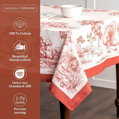 Maison d' Hermine Table Cloth Rectangle Table 100% Cotton 60 x 90 Inches Fall Tablecloth Reusable Everyday Use for Thanksgiving Christmas Decorations Dining Farmhouse Party (Holy Jouy - Red)