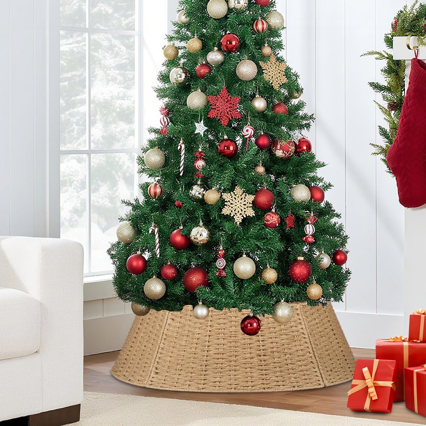Christmas Tree Collar, 28in Farmhouse Detachable Handwoven Christmas Tree Base Cover, Rustic Tree Collar Ring, Christmas Holiday Decoration