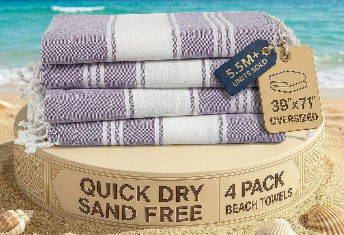 LANE LINEN Beach Towels 4 Pack Oversized - Turkish Towel Set, Pre-Washed Oversized Beach Towel, Quick Dry Beach Towels for Travel, Large Pool Towels, 39"x71" - Day Break
