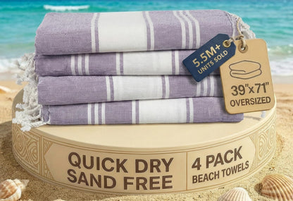 LANE LINEN Beach Towels 4 Pack Oversized - Turkish Towel Set, Pre-Washed Oversized Beach Towel, Quick Dry Beach Towels for Travel, Large Pool Towels, 39"x71" - Day Break