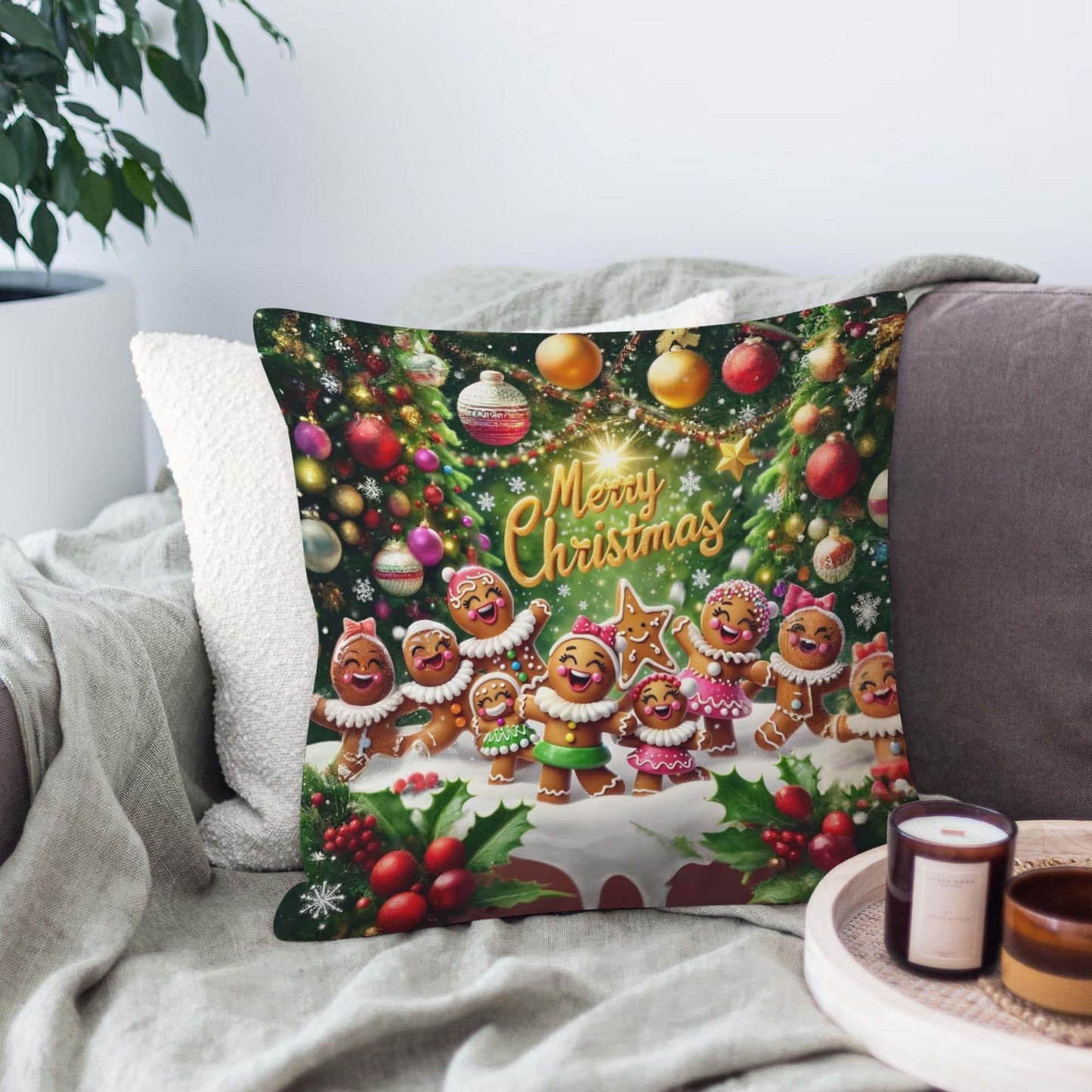 Jiaopenyou Throw Pillow Cover 20x20 Inch,Gingerbread Girls Dancing with The Words Merry Christmas Throw Pillow Case,Home Decor Cushion Covers for Sofa Living Room Couch Bed