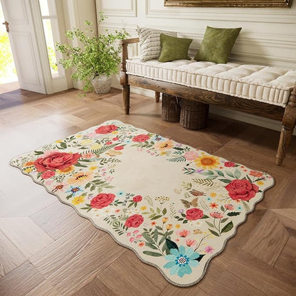 Washable Entryway Small Area Rugs: Door Mat Indoor Entrance 3x5 Floral Rug Ultra Thin Stain Resistant Non Slip Low Pile Lightweight Carpet for Kitchen, Front Door, Kids Room Decor (Beige)