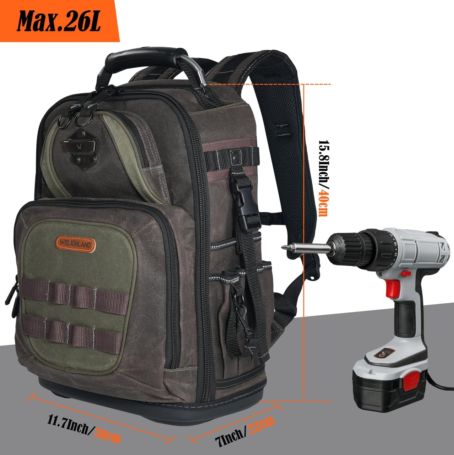 WELKINLAND 36-Pockets Electrician Backpack, Hard-Based HVAC Backpacks, Waxed-Canvas Technician Backpack, Heavy-Duty Tool Backpacks For Men