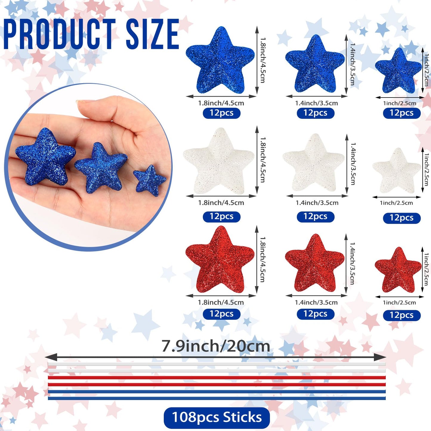 JUNEBRUSHS 4th of July Decorations, 108 Pcs Glitter Puffy Star Picks Foam Star Stems Red White and Blue Artificial Stem Flowers for Patriotic Wreath Table Centerpieces Decoration