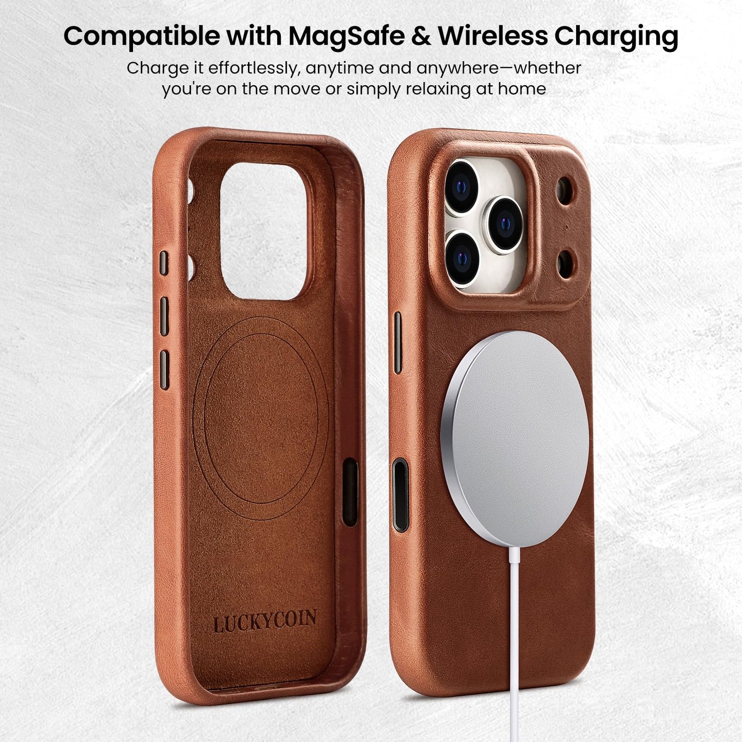 LUCKYCOIN Premium Leather Phone Case for iPhone 17 Pro 6.3in，Compatible with MagSafe & Wireless Charging，Built-in Camera Control Button，100% Full-Grain Cowhide Leather Slim Phone Case - Dark Brown