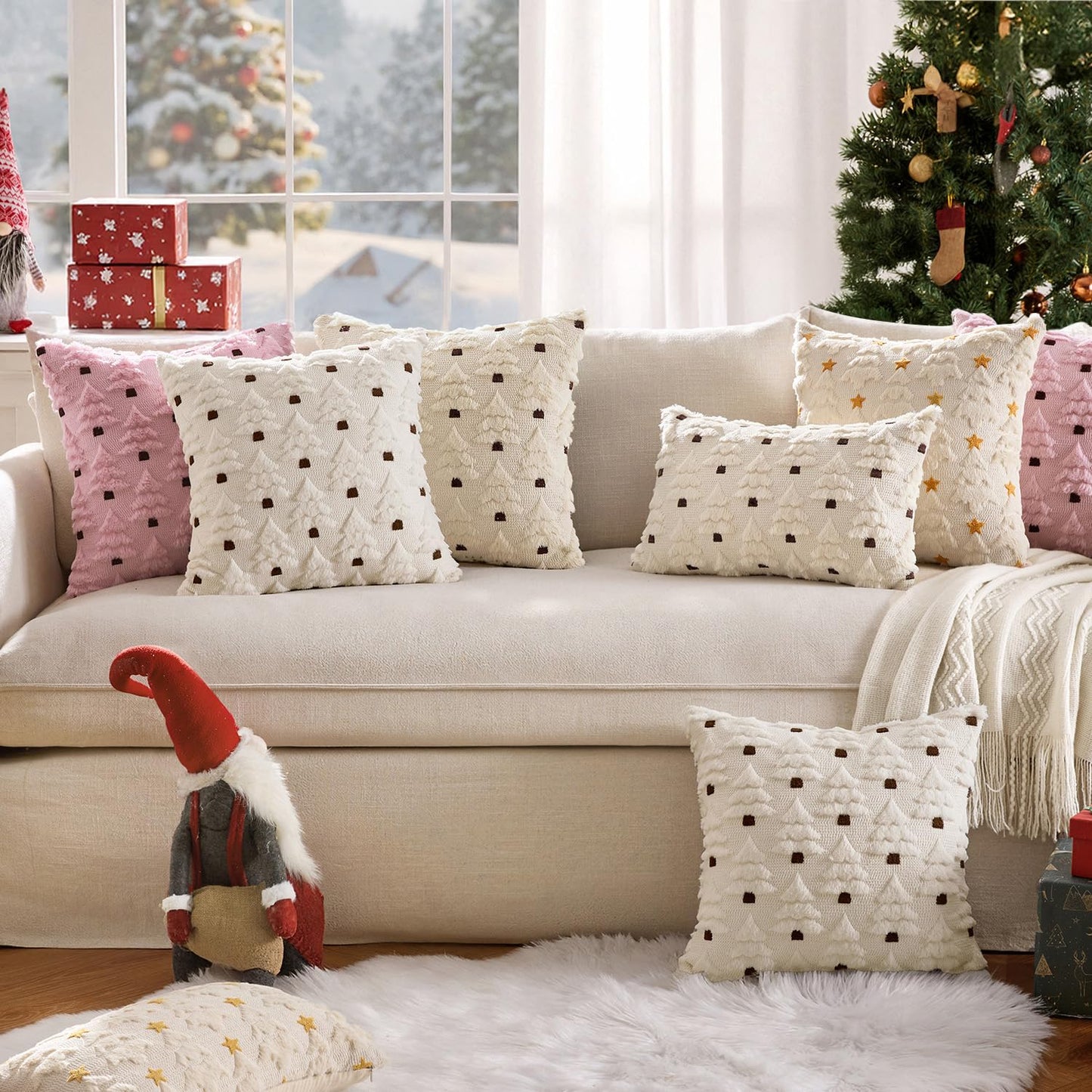 MIULEE Christmas Tree Decorative Pillow Covers Faux Fur Wool Throw Pillows Soft Plush Cushion Covers Set of 2 Xmas Home Decor Winter Holiday for Sofa Couch Livingroom Bed 18x18 Inch Cream