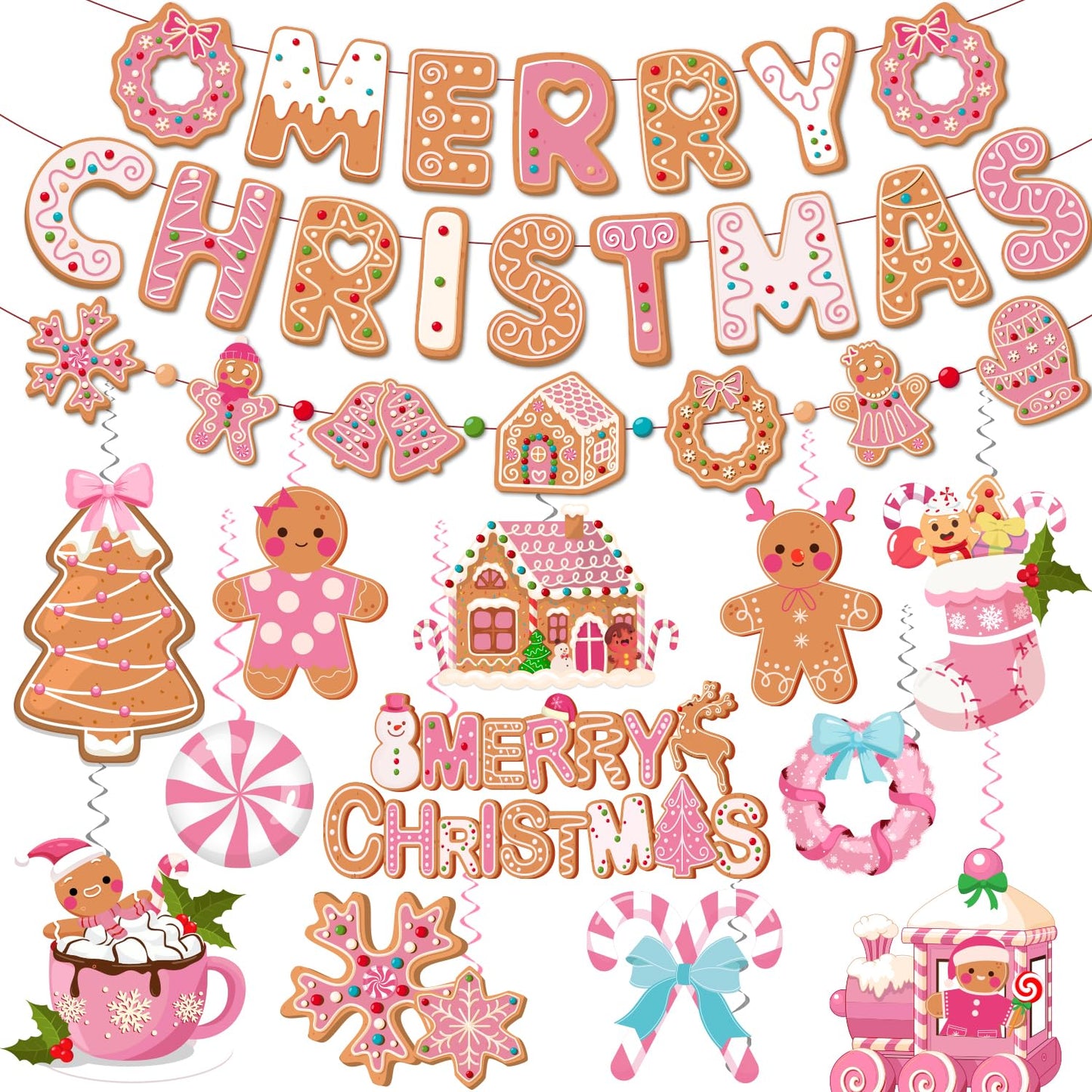 Pink Gingerbread Christmas Decorations, Pink Gingerbread Christmas Decor includes Merry Christmas Banner and Ginger bread Hanging Swirls, Gingerbread House Decorations for Merry Xmas Party Supplies