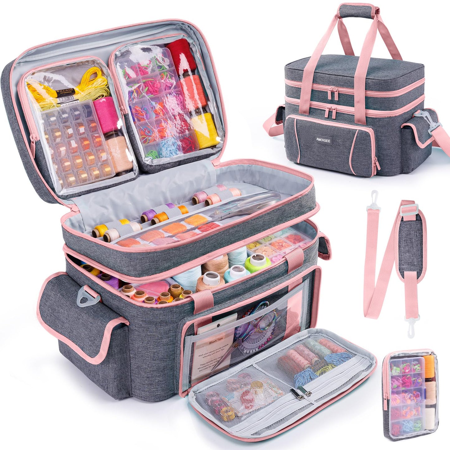 AMOIGEE Double-Layer Sewing Storage Bag with 2 Detachable Pouches – Large Sewing Organizer with Shoulder Strap, Elastic Loops & Dividers for Sewing Supplies, Tools & Accessories