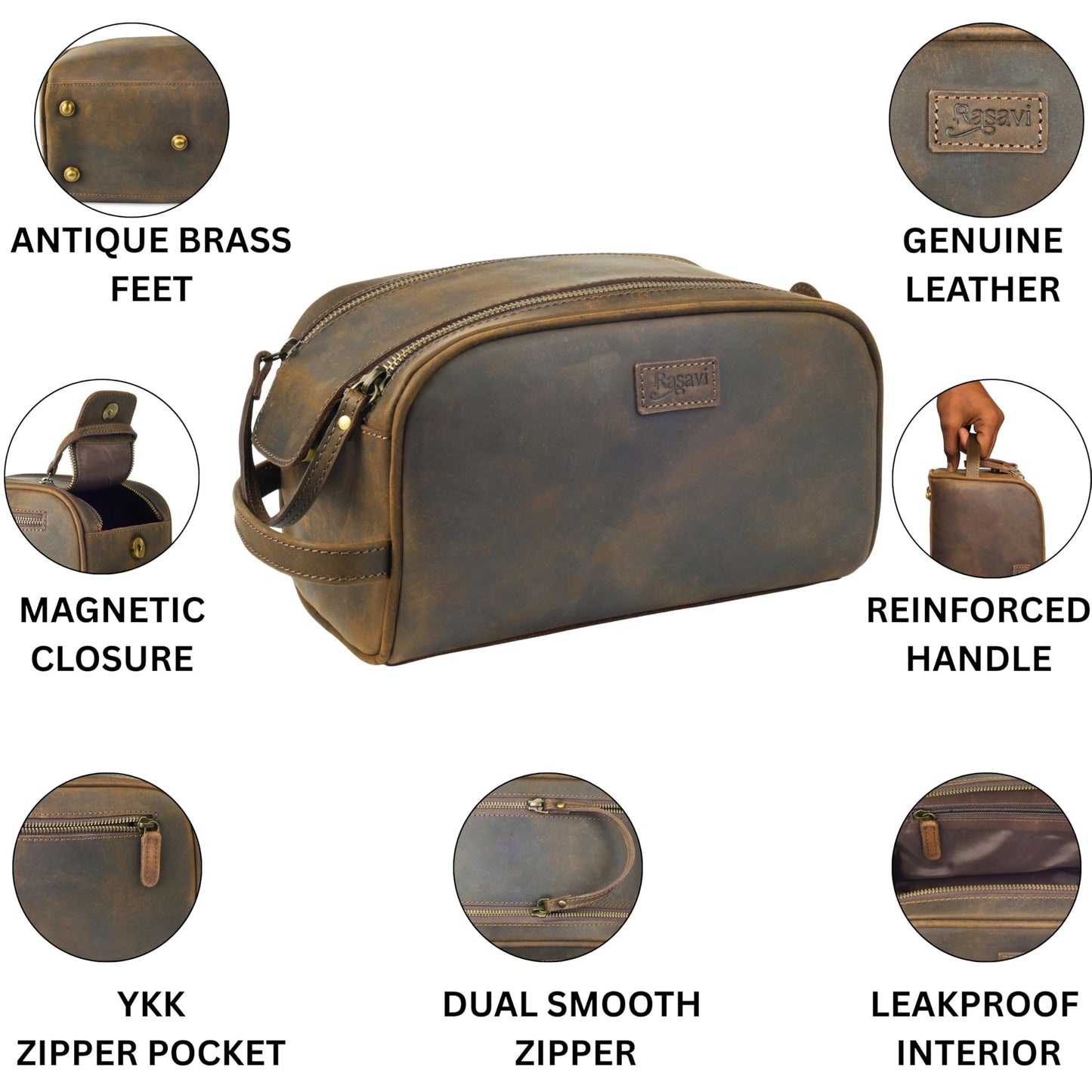 Rasavi Genuine Leather Travel Toiletry Bag, Handcrafted Vintage Water-Resistance Dopp Kit, Large Shaving & Bathroom Organizer - Gift for Men & Women - Rustic Town