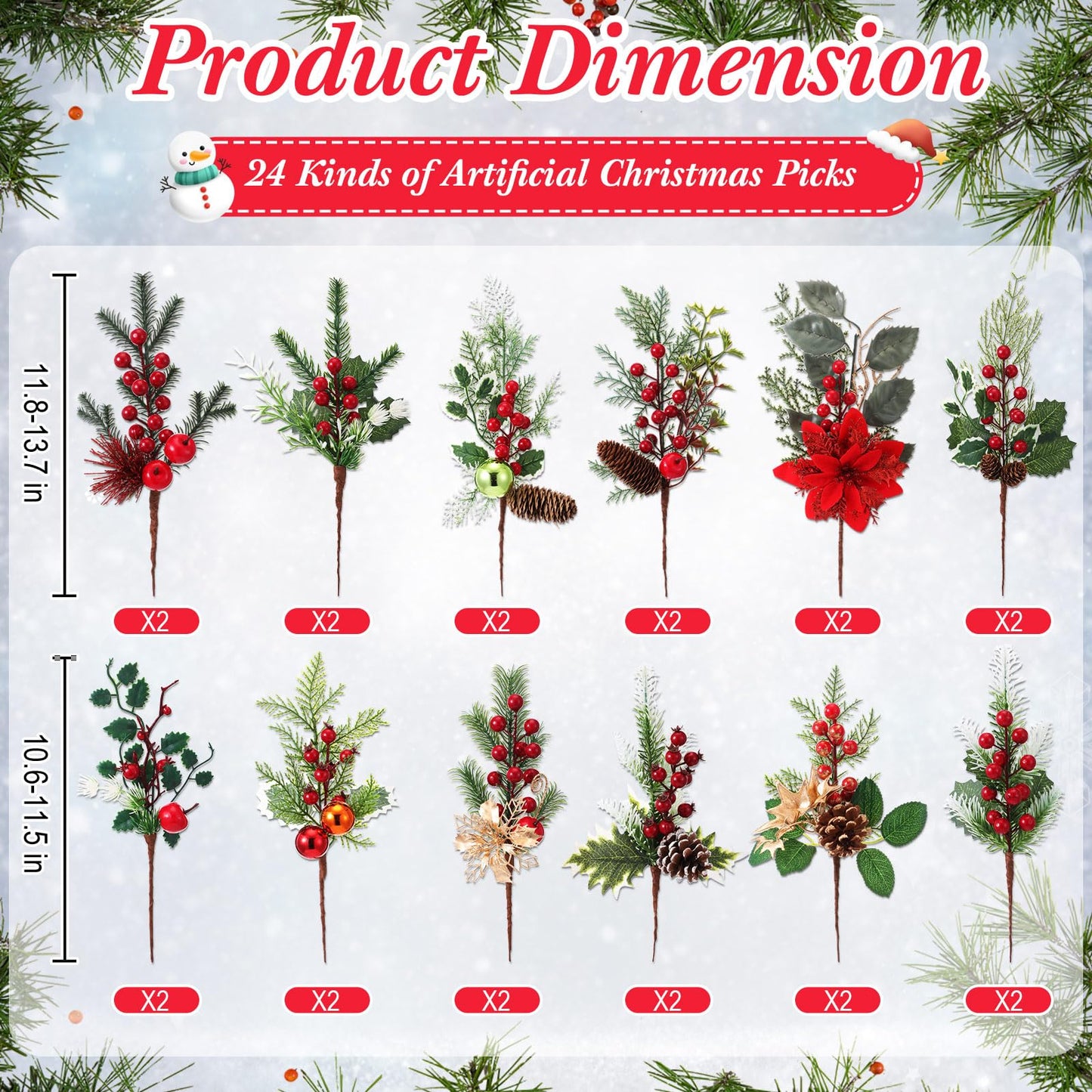 Suncalla 24 Pcs Artificial Christmas Picks 11"-14" Assorted Red Berry Picks Stems Christmas Tree Branches Decorations with Pinecones, Poinsettia Holly Leaves for Trees Wreath Garland Craft Decor