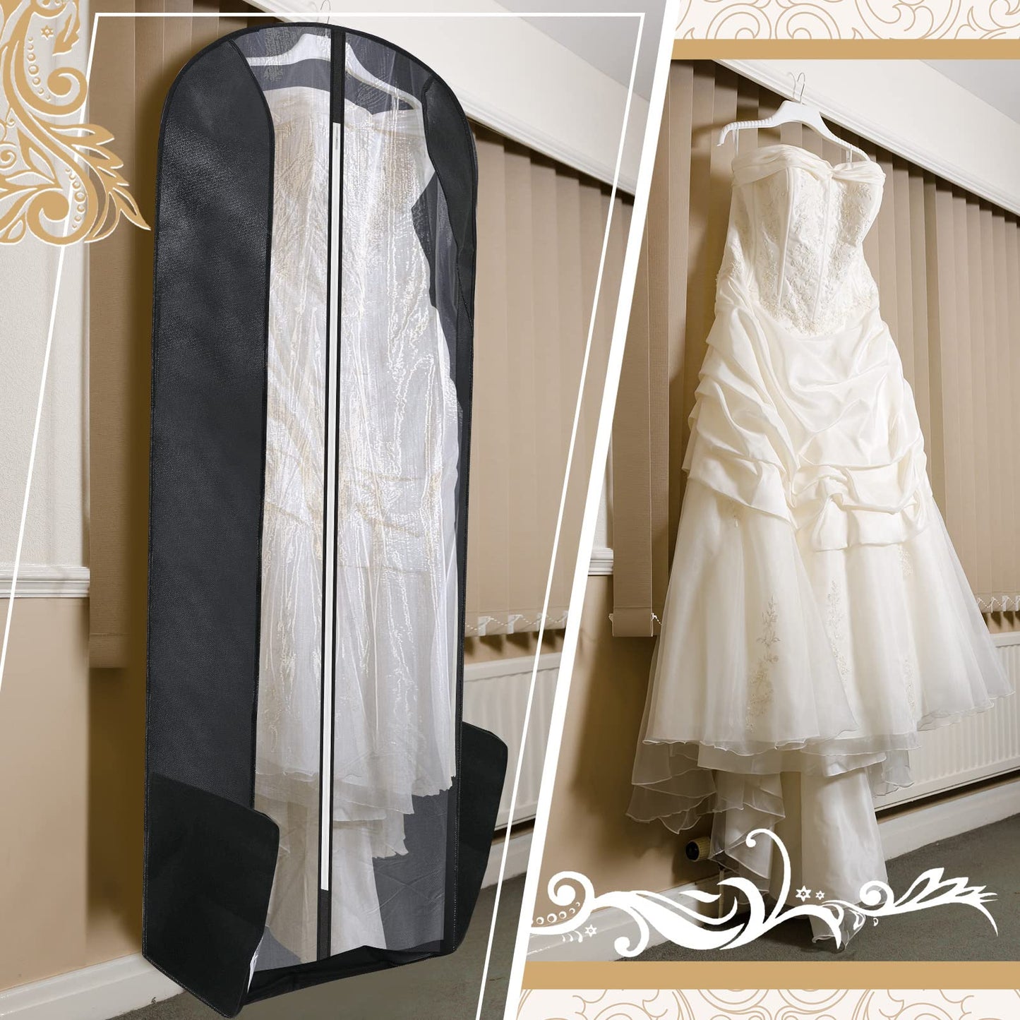 Fabbay 2 Pcs 70" Bridal Wedding Gown Dress Garment Bag Extra Large Long Foldable Portable Travel Covers Garment Bags Hanging Luggage Storage with Pockets for Women's Prom, Gusseted Black