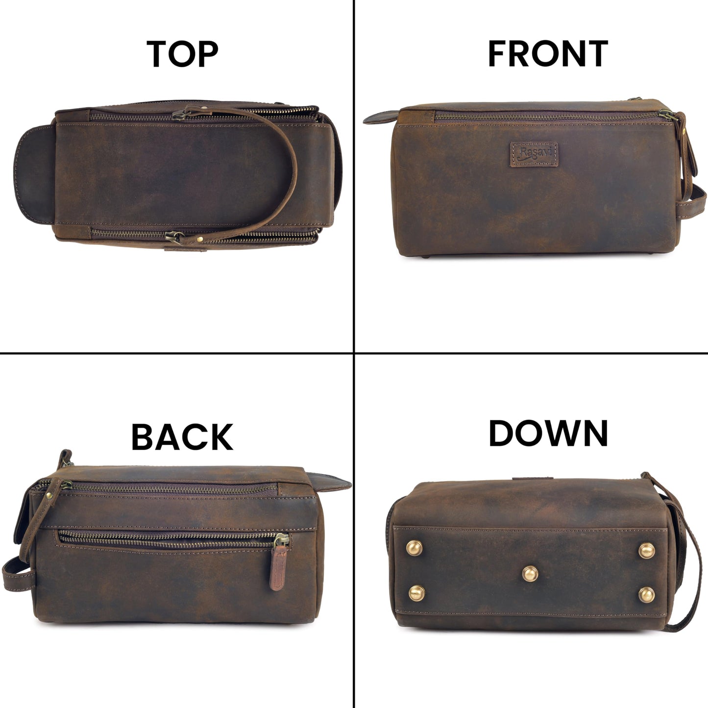 Rasavi Genuine Leather Travel Toiletry Bag for Men & Women, Handcrafted Vintage Dopp Kit, Water-Resistant Shaving & Bathroom Essentials Organizer - Rustic Brown