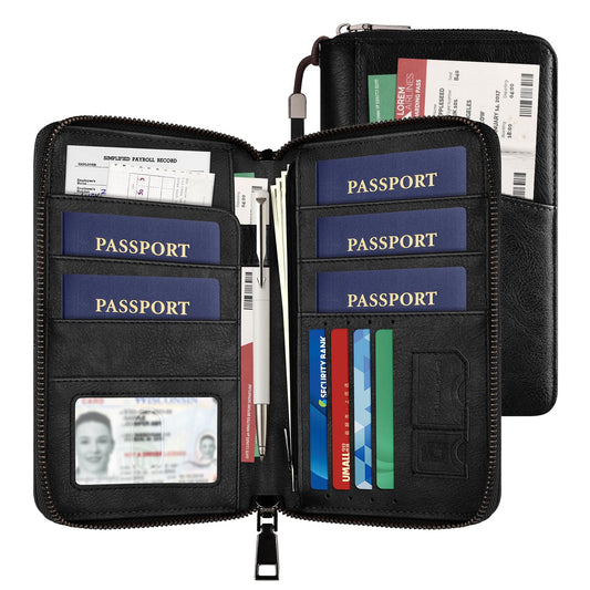 Likesing Family Passport Holder for 5, Leather RFID Blocking Multiple Passport Holder Wallet with Zipper, Travel Document Organizer with Wrist Strap Card Slots and AirTag Pocket for Women Men(Black)