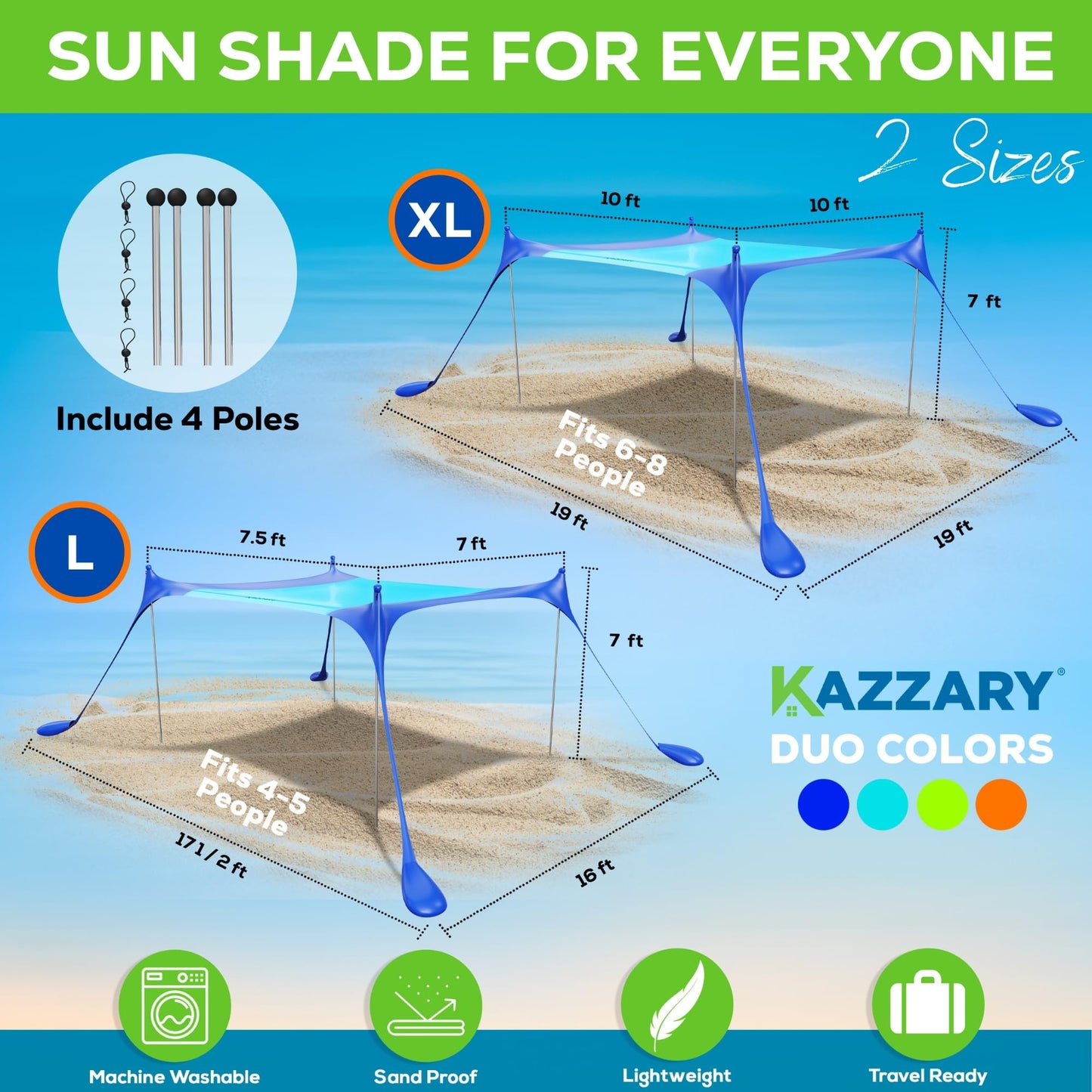 KAZZARY Beach Tent, UPF50+ 10x10 ft Sun Shade Canopy with Sandbags, 4 Stability Poles, Ground Pegs, Flying Disc Sand Shovel. Lightweight Sunshade Shelter, 7ft Tall for Camping Outdoor Trips and Sports