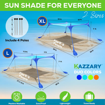 KAZZARY Beach Tent, UPF50+ 10x10 ft Sun Shade Canopy with Sandbags, 4 Stability Poles, Ground Pegs, Flying Disc Sand Shovel. Lightweight Sunshade Shelter, 7ft Tall for Camping Outdoor Trips and Sports