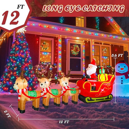 WONDER GARDEN 12FT Christmas Inflatable Outdoor Decorations with Santa Claus on Sleigh and Reindeer Christmas Blow Up Yard Decorations with LED Lights for Xmas Holiday Party Garden Patio Lawn Decor