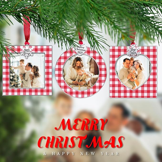 GUOER 3PCS Christmas Tree Ornaments Set Picture Frame Ornament Holiday Keepsake Gift Home Decor Christmas Decorations Xmas Gifts Pendant with 2.5” Photo Frame Insert (Red White 2025)