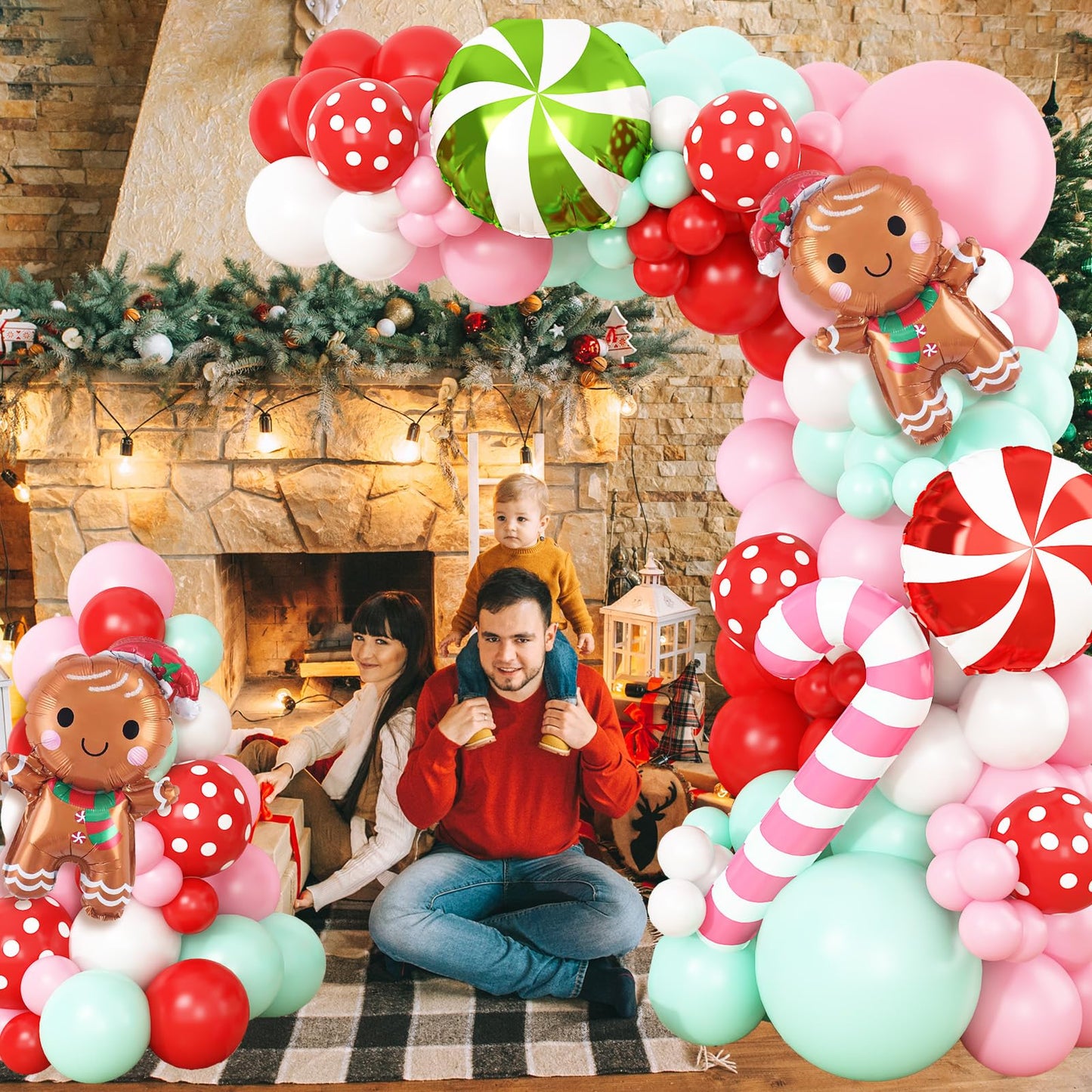 Gingerbread Balloon Garland Kit 139Pcs Pink Red Green White Christmas Balloons Arch with Gingerbread Man Candy Cane Foil Balloon New Year Xmas Cookie Exchange Gingerbread House Party Decorations