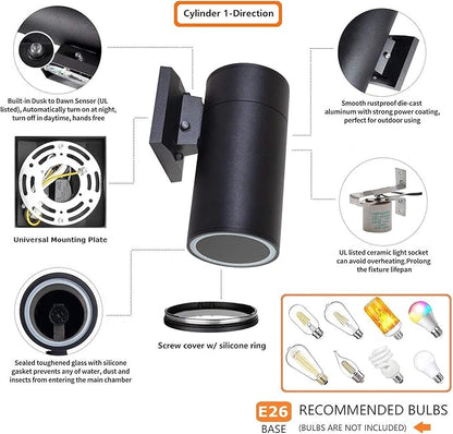 Dusk to Dawn Outdoor Lighting, Exterior Lights -ETL Listed, Aluminum Anti-Rust Waterproof Wall Mount Cylinder Design, 1-Direction Up or Down Light Fixture for Porch,Patio or Garage (3 Pack)
