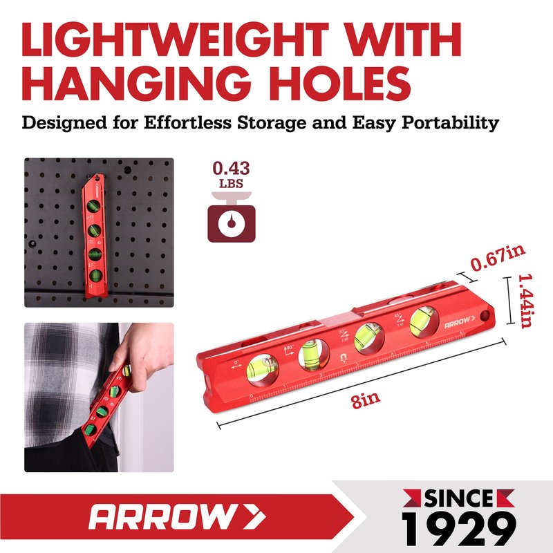ARROW 8-Inch Torpedo Level, Magnetic Level Tool with 0°/30°/45°/90° Bubbles, Top-view Windows, Aluminium Alloy Frame, Dual Metric and SAE Scales