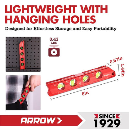ARROW 8-Inch Torpedo Level, Magnetic Level Tool with 0°/30°/45°/90° Bubbles, Top-view Windows, Aluminium Alloy Frame, Dual Metric and SAE Scales