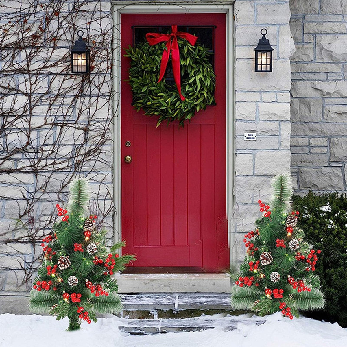 Prelit Artificial Christmas Trees Lights 17.2 Inch Solar Christmas Tree Pathway Lights with Stake Red Berries Pinecones Waterproof Xmas Urn Filler Solar Stake Lights Garden Decor(1Pcs/Solar Powered)