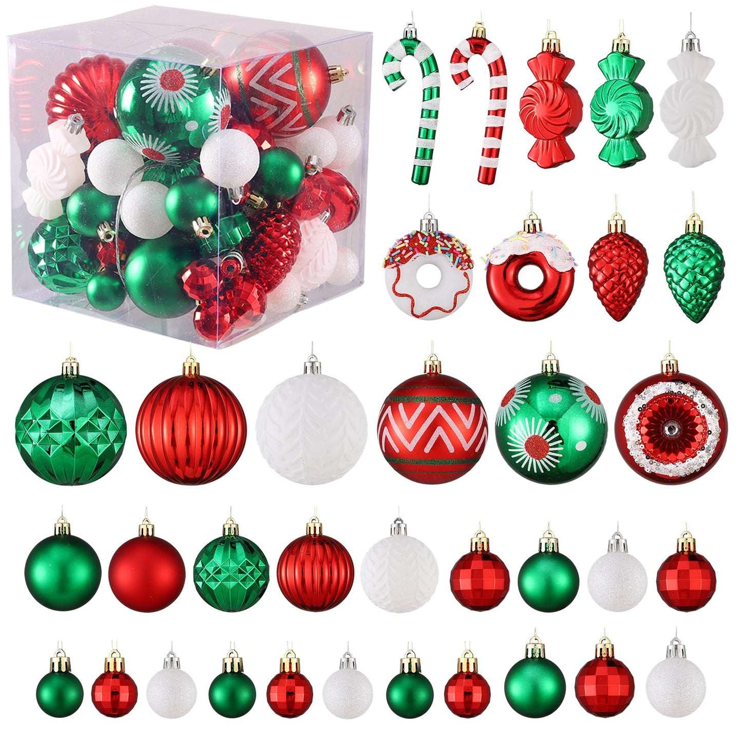 56Pcs 21Styles Christmas Balls Hanging Ornaments Set,Red Green and White Assorted Shatterproof Plastic Christmas Balls Baubles with Candy Canes,Donuts for Xmas Tree Holiday Home Party Decorations