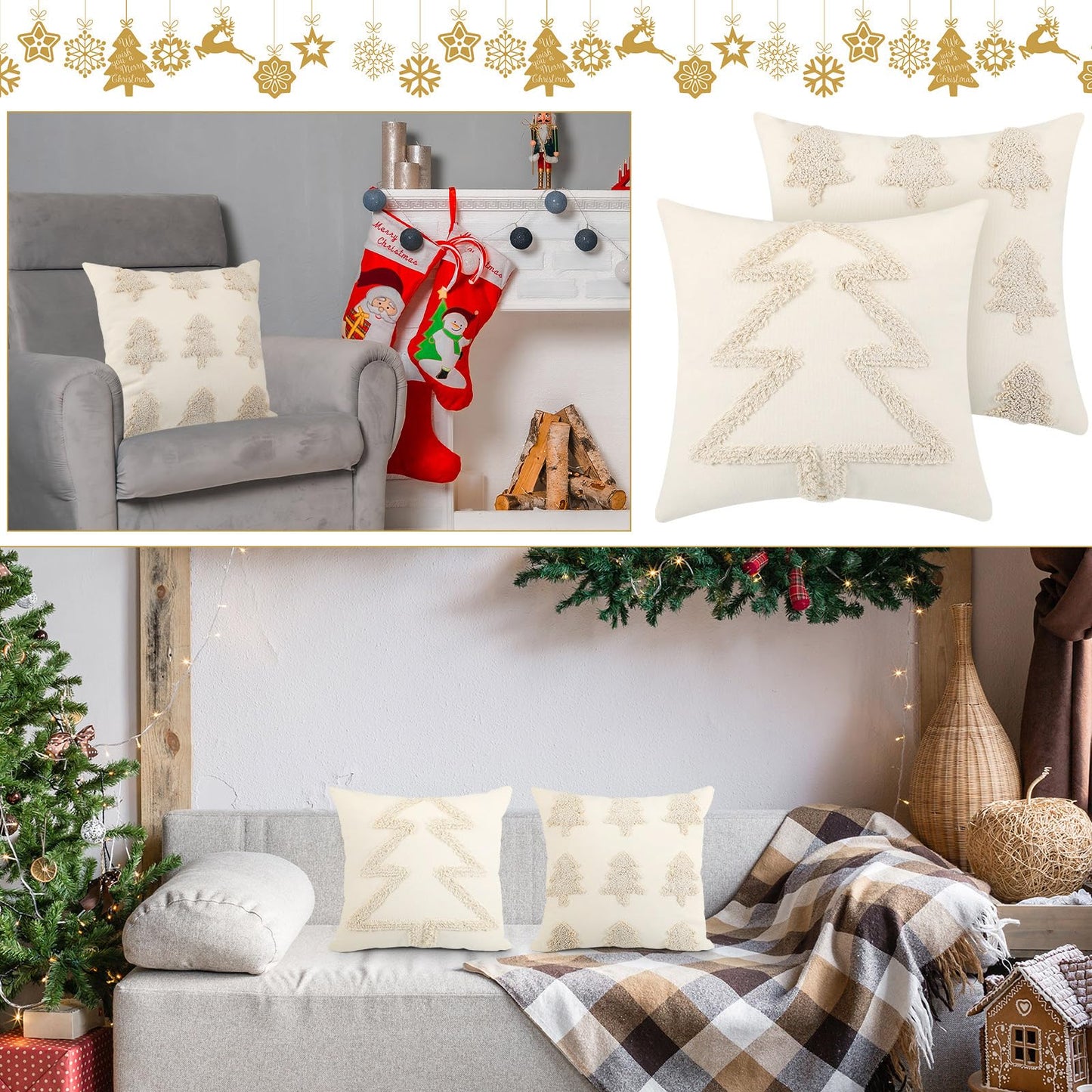 Beeveer 2 Pcs Beige Christmas Pillow Covers 18 x 18 Inch Decorative Boho Farmhouse Pillowcase White Tufted Tree Christmas Pillow Cases for Couch Sofa Holiday Bedroom Living Room Home Present