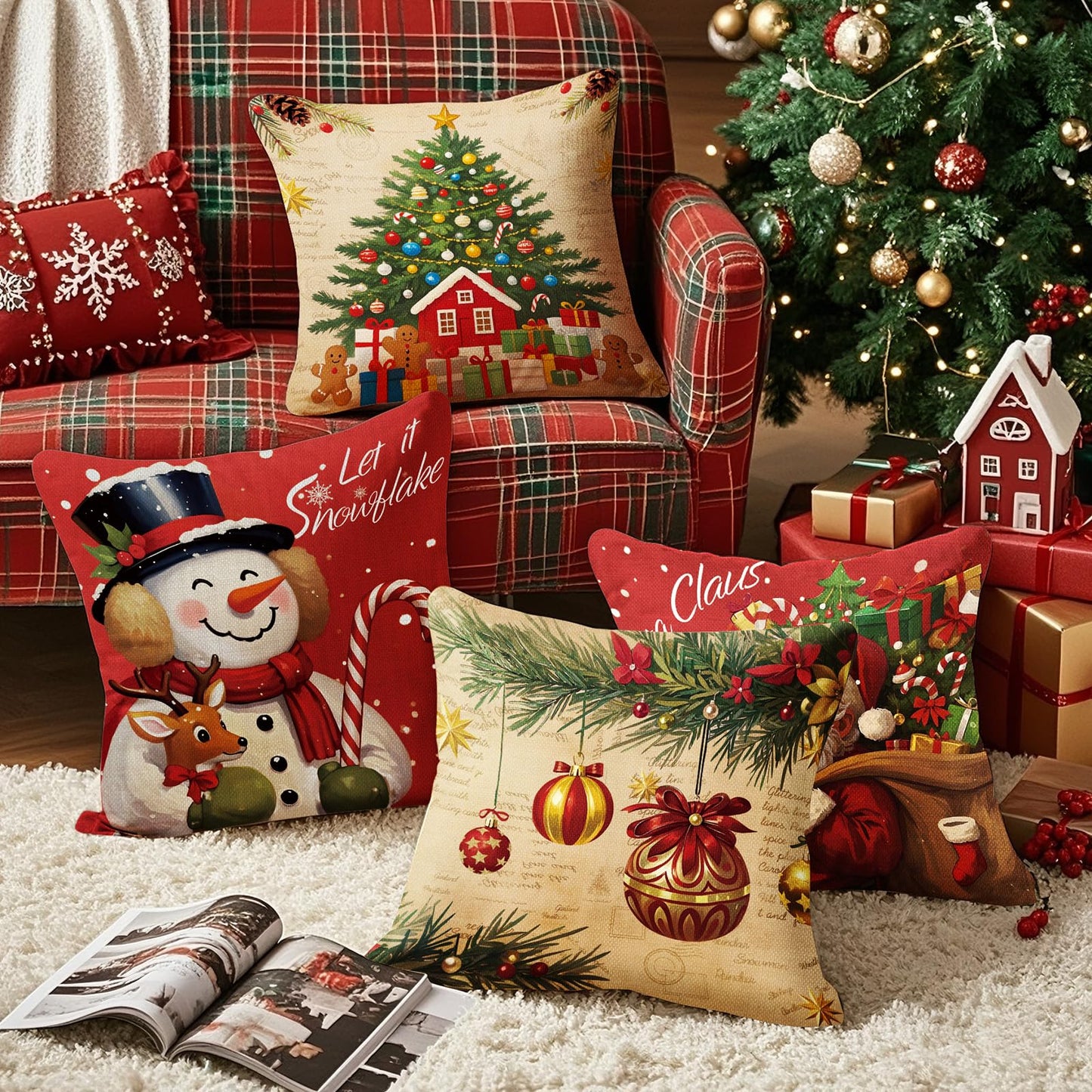 UPOFFICIS Christmas Pillow Covers 18x18 inch Set of 4, Christmas Decorations Cushion Covers, Xmas Pillow Covers, Pillowcases Throw Pillow Covers for Sofa Couch Home Decor