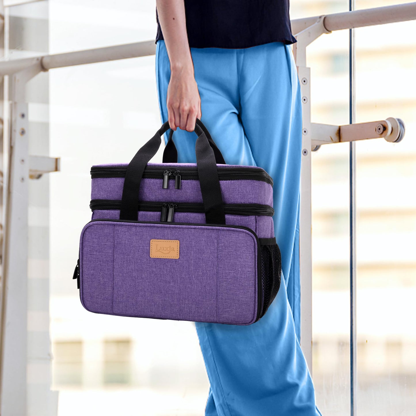 LUXJA Large Sewing Organizer with Many Compartments, 2 Layers Sewing Storage Bag with Varisized Pockets for Sewing and Crafting Supplies (Bag Only), Purple