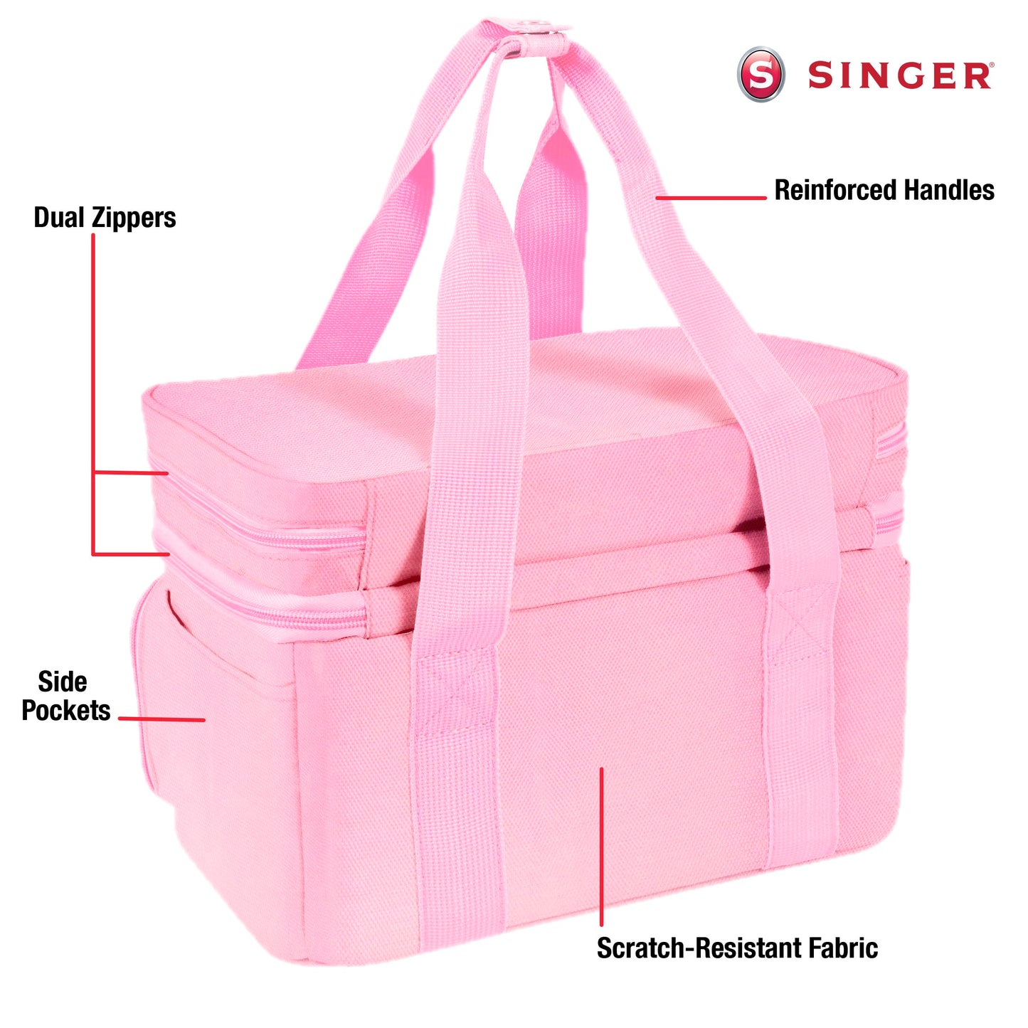 SINGER Sewing Accessories Organizer (Bag Only) – Double Layer Portable Sewing Storage Bag | 2 Detachable Pouches and 18 Compartments, Large Sewing Supplies & Crafting Carry-all (Pink)