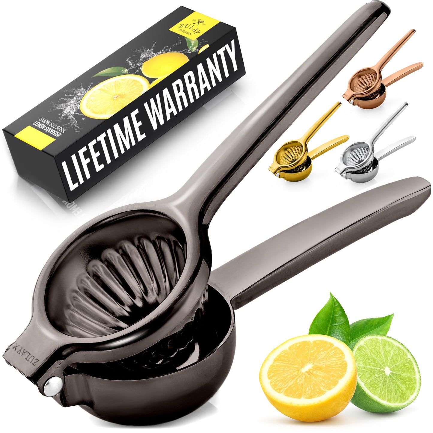 Zulay Lemon Squeezer Stainless Steel with Premium Heavy Duty Solid Metal Squeezer Bowl (Black Grip, Large)