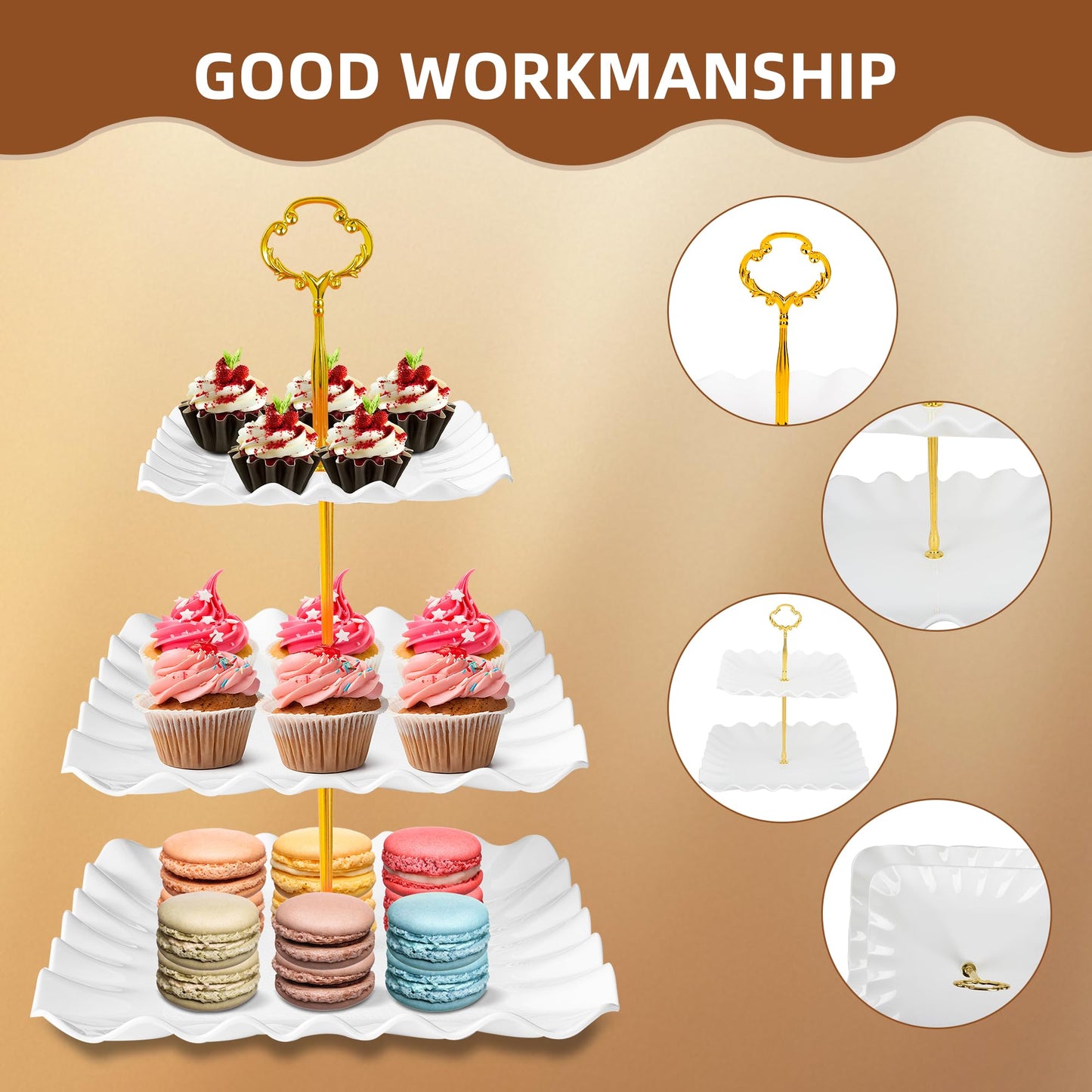 10 Pack Dessert Table Display Set - 4 x Three-Tier Square Cupcake Stands and 6 x Serving Trays, Elegant Tableware for Cakes, Cupcakes, Pastries, and Snacks, Perfect for Parties (White)